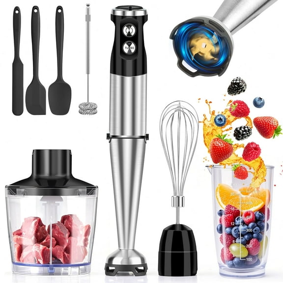 Immersion Blender Handheld, AOKIWO 12-Speed 5 in 1 Hand Blender, Stick Blender with Beaker, Chopper Bowl, Whisk, and Frother for Smoothies, Soup, Baby Food