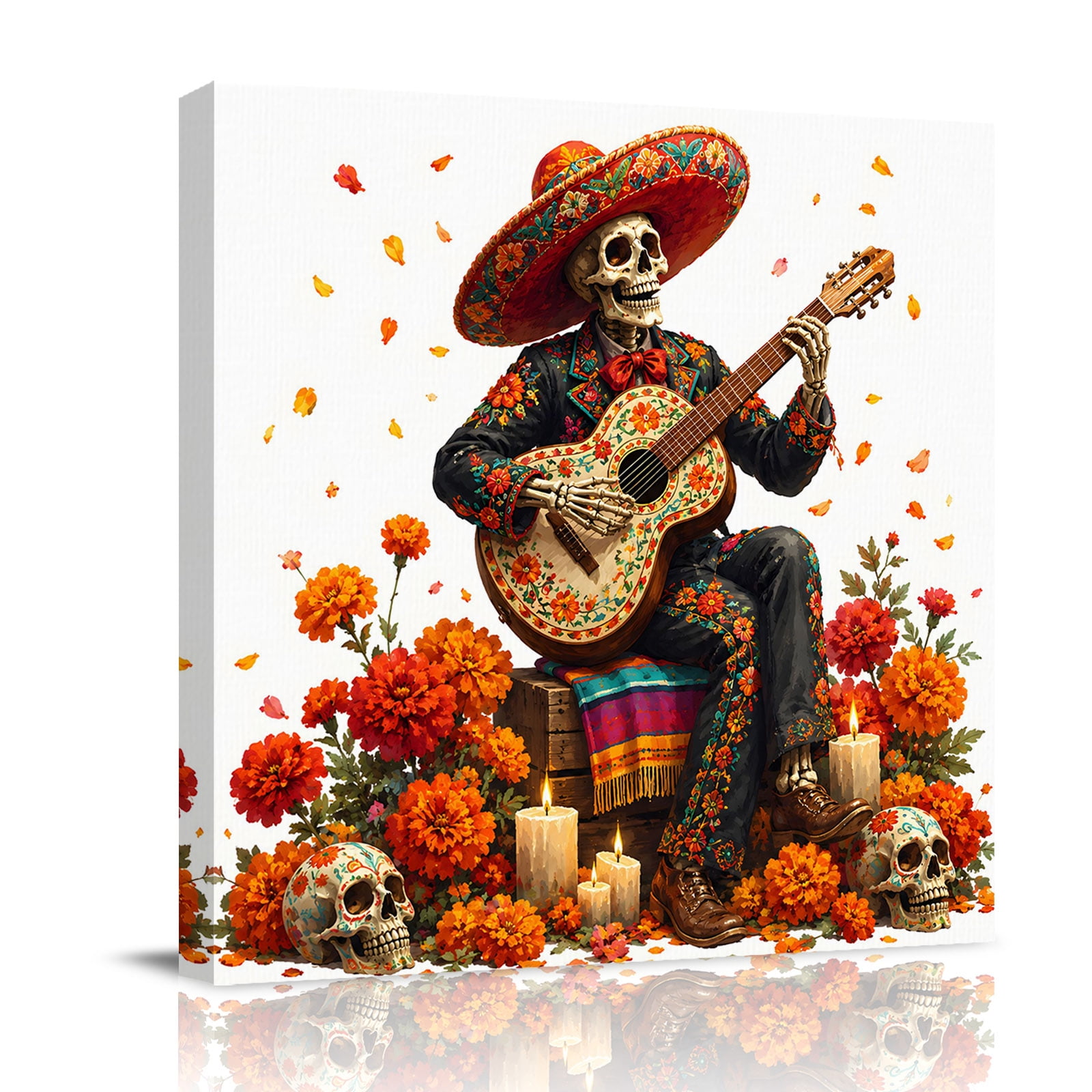 Canvas Wall Art Halloween Framed Canvas Prints for Bathroom Kitchen Mexican Skeleton Play Guitar Abstract Florals Gallery Wrapped Wall Decor for Home Office Gifts 10 x10 Ship Next Day