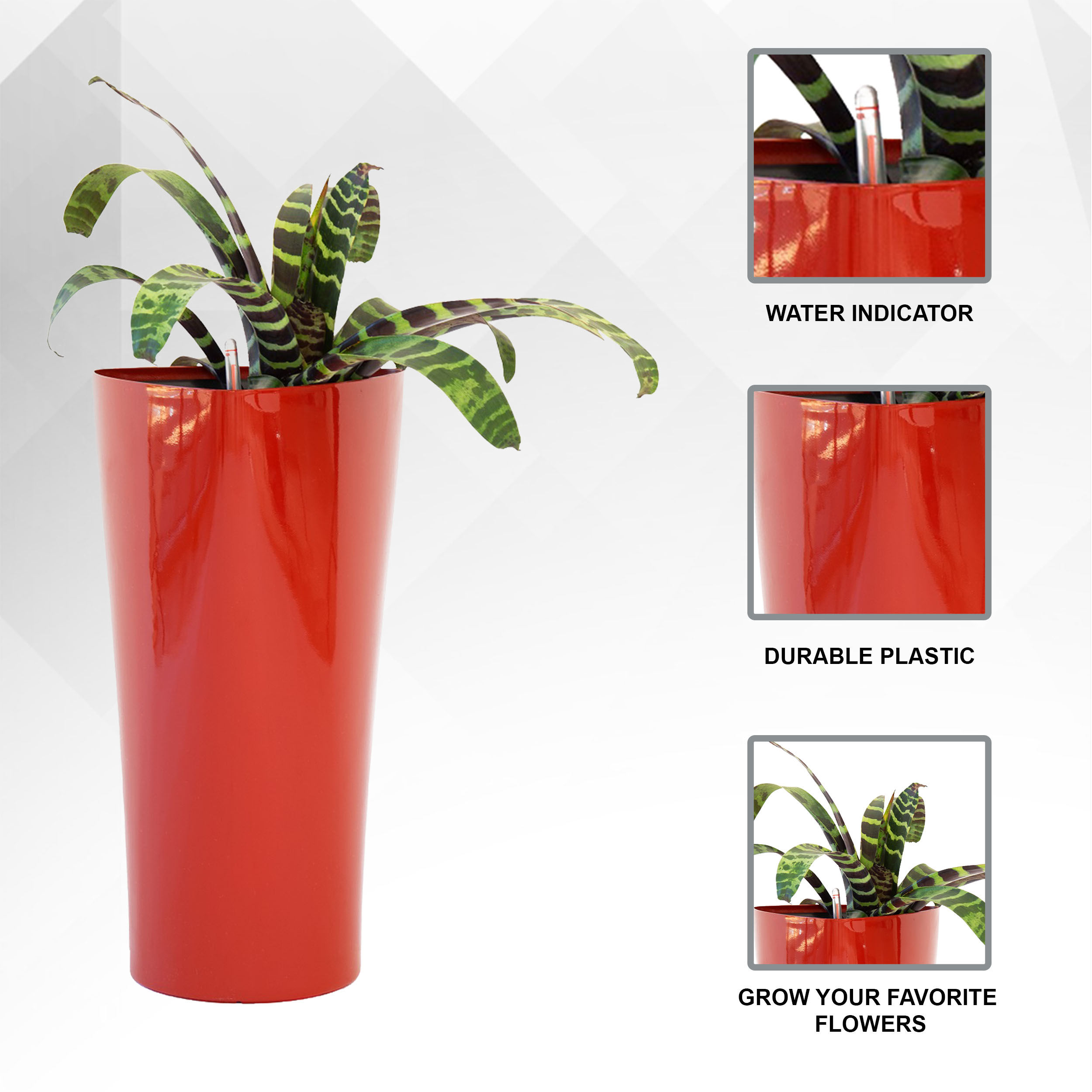 XBrand 22.4" H Red Plastic Self Watering Indoor Outdoor Triangle Planter Pot w/Glossy Finish, Tall Decorative Gardening Pot, Home Décor Accent