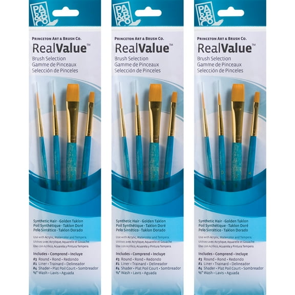 Princeton RealValue Brush Set, Gold Taklon Bristles, Short Handle Mixed Media Paintbrush, Blue, 4 Per Set, 3 Sets