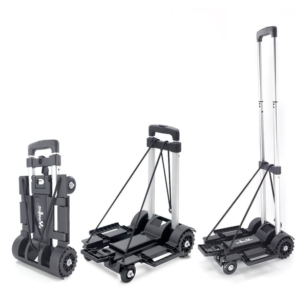 Folding Hand Truck Lightweight Trolley,Small Utility Dolly cart with 4 Wheels & 2 Elastic Ropes,Portable Backpack Trolley,Luggage cart,Dolly,Grocery cart,Travel,Moving,Shopping.Aluminum Pole,Black
