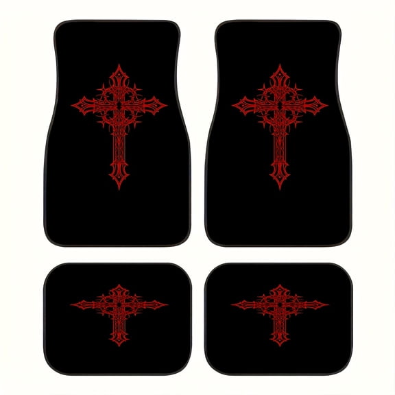 4-Piece Gothic Black Red Heavy Duty Car Floor Mats, Universal Fit Polyester All Weather Auto Floor Liners for Cars Trucks Suvs, Anti-Slip Easy Clean Interior Set