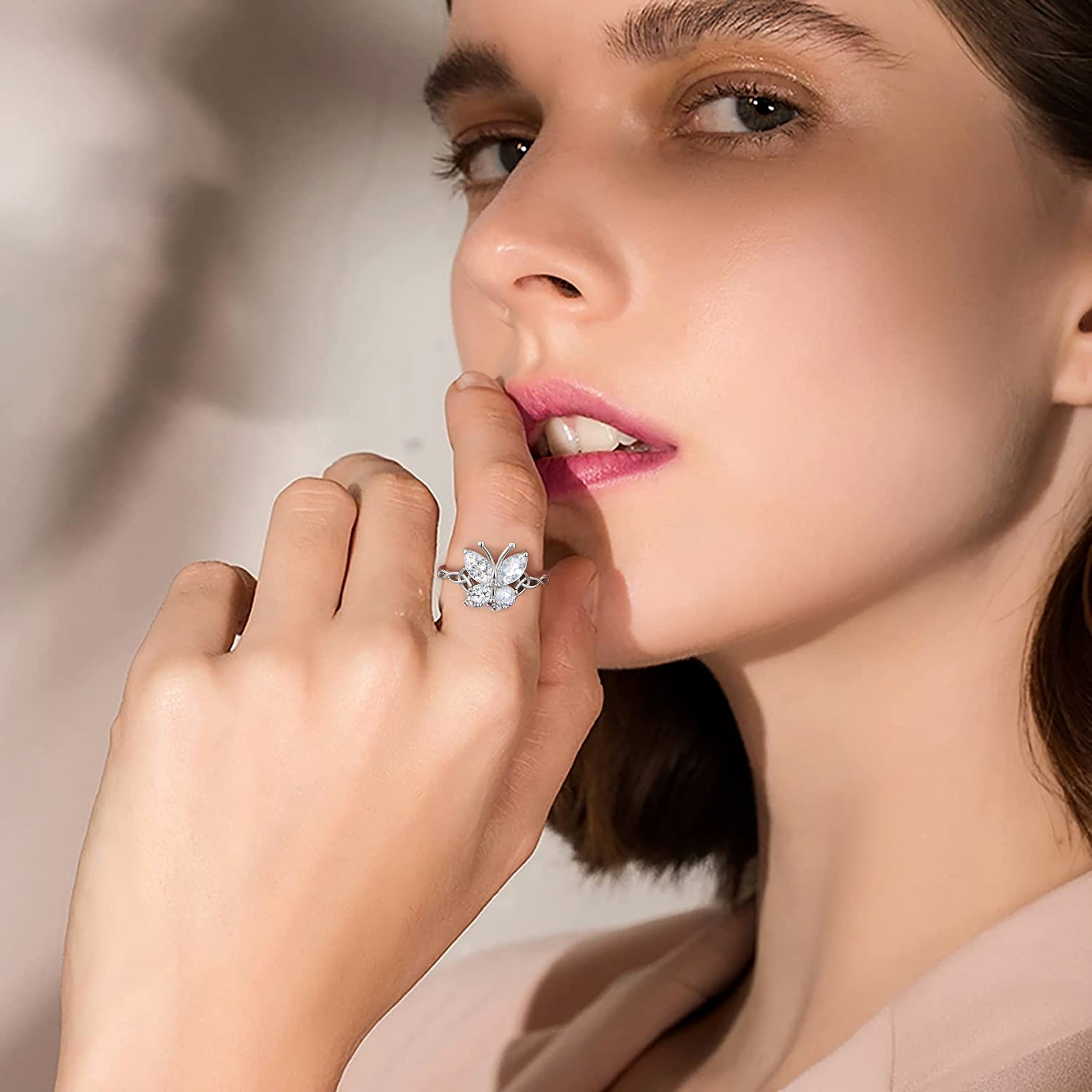 Bestyle Cute Butterfly Ring Pure S925 Sterling Silver Adjustable Open Ring April Diamond Birthstone Rings Birthday Mother's Day Gifts Size #6-12