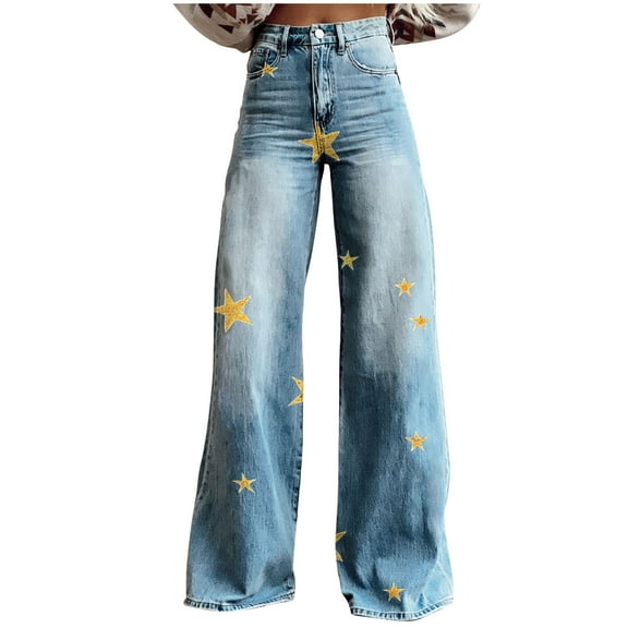 Tnhcen Women's Vintage Star Print Denim Jeans High Waisted Wide Leg Trousers Button Pocket Zipper Casual Twill Plus Size S-5XL Retro Fashion