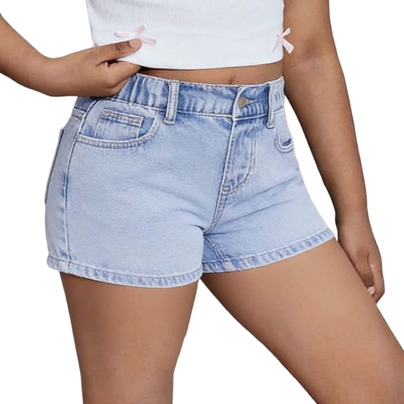 NAISIBABY Girls Denim Shorts, Elastic Waist Fashion Stretch with Pockets Summer Casual Jean Shorts Light Blue Size 16