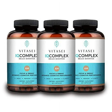 Vitasei IQ Complex AM Brain Booster Brain Supplement for Memory & Focus-Energy & Cognitive Capsules W/Ashwagandha,Quercetin & Green Tea,Memory Pills for Mental Clarity,Mental Focus- 60 Capsules (3pck)