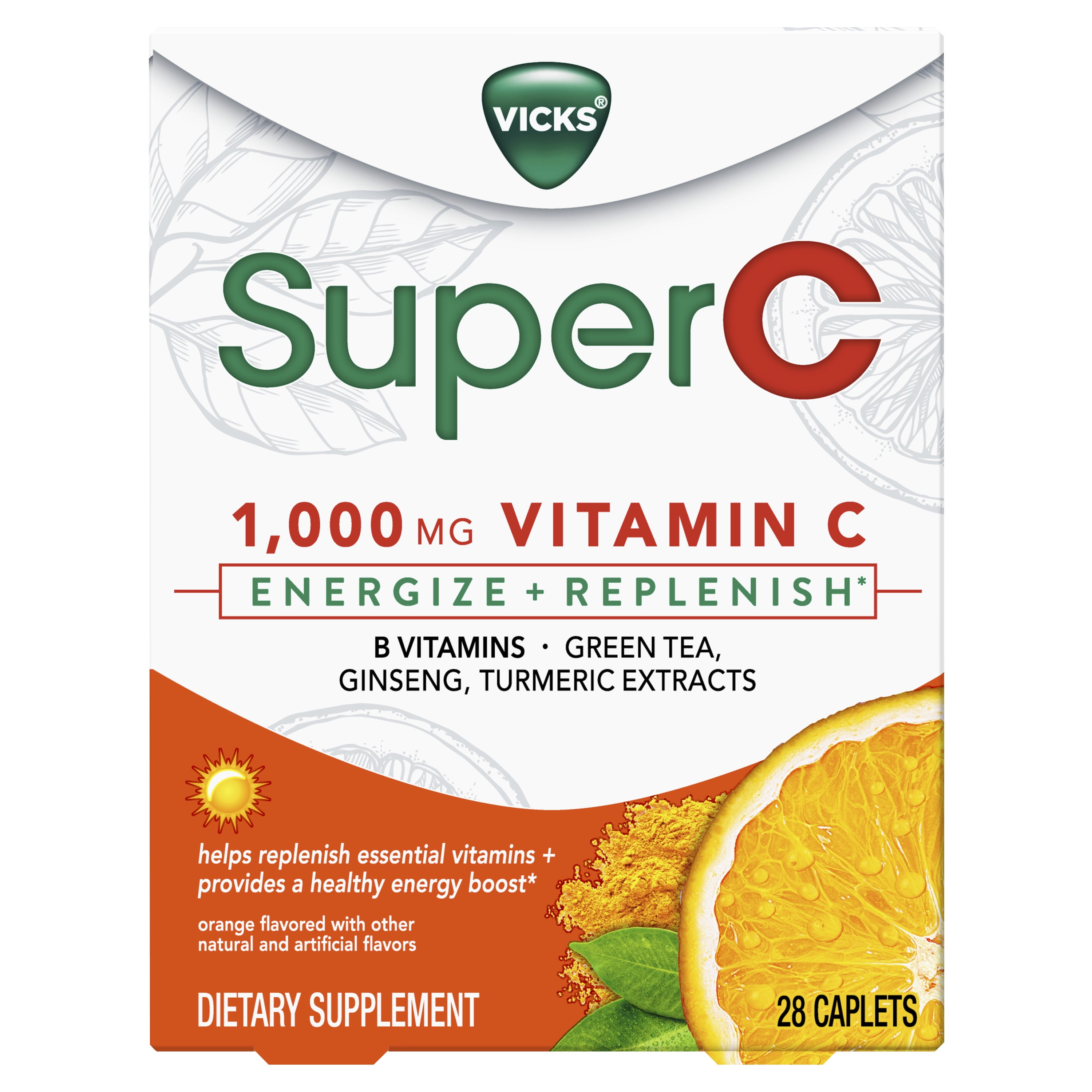 Vicks Super C Energize + Replenish Vitamin C Caplets, Daily Dietary Supplement, 28 Ct