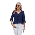 thumbnail image 2 of Blusas Informales Elegantes para Mujer, con Mangas 3/4, Cuello en V y Volantes, Azul Marino, Talla L, 2 of 5