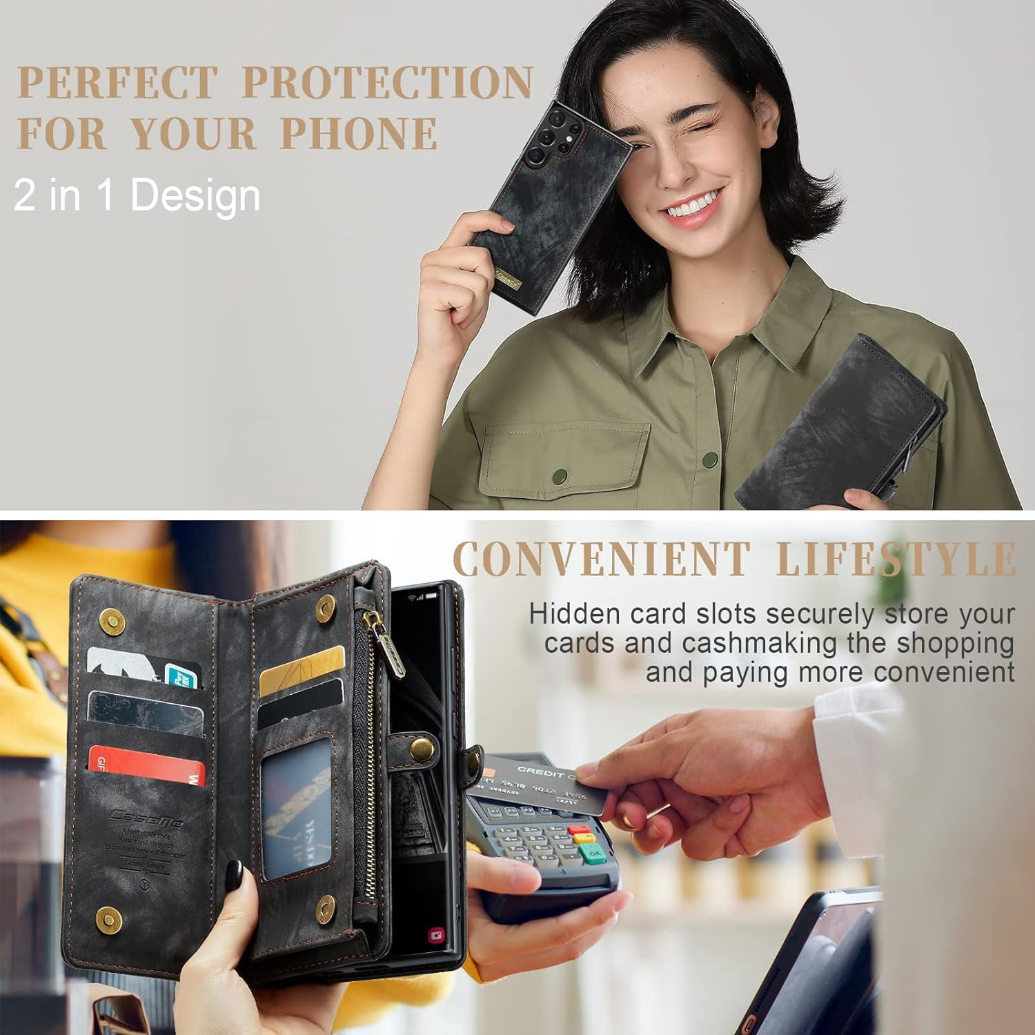 2 in 1 Detachable for Samsung Galaxy S23 Ultra Wallet Case with Card Holder, Retro Premium Flip Leather Cover  Zipper Pocket Phone Cases 6.8'' (Black,S23 Ultra)