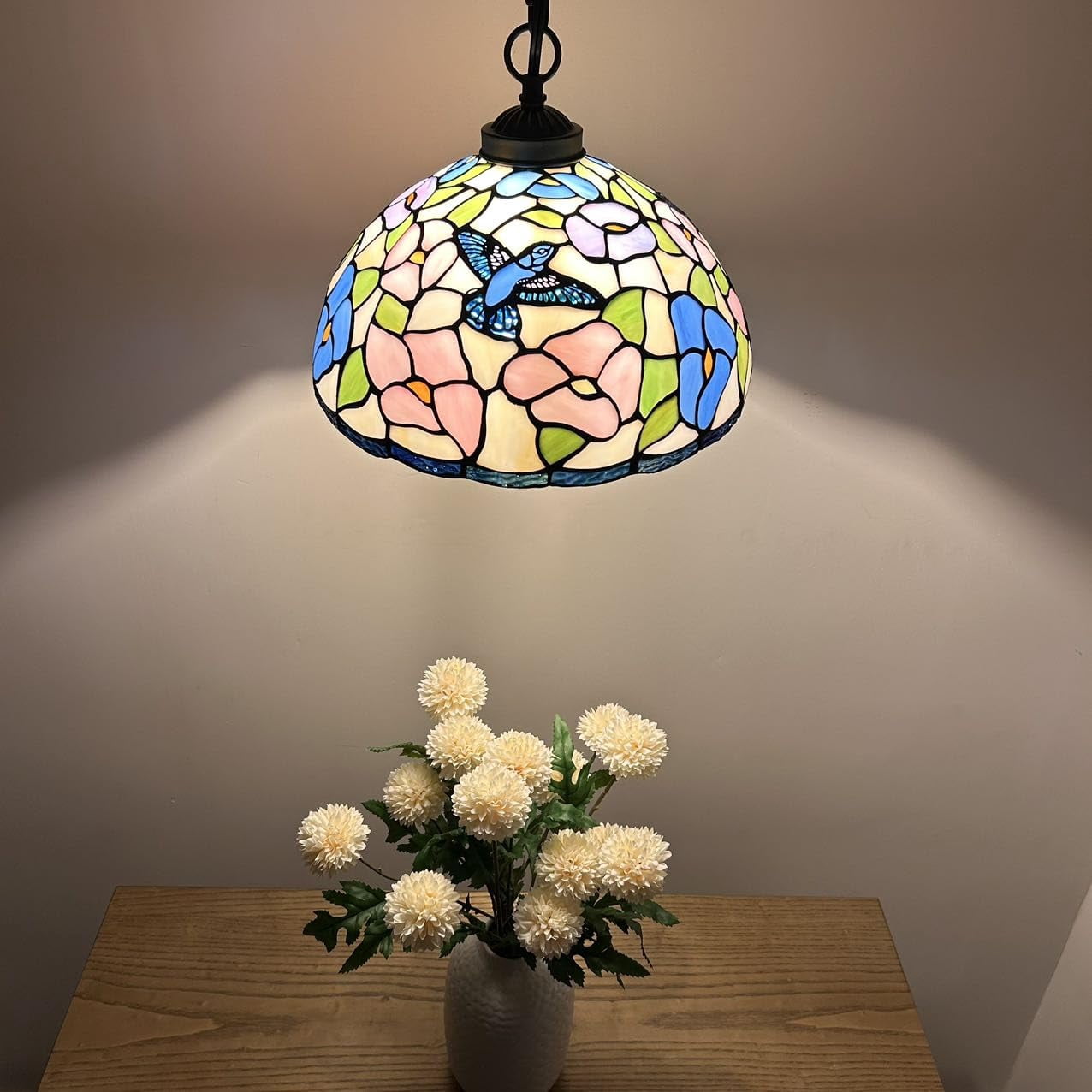 Tiffany Pendant Lights Fixture Pink Blue Stained Glass Hummingbird Flowers LED Bulb 12”W*12”D*60”H
