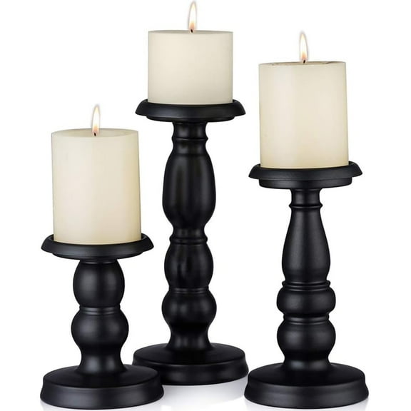HIDAWN Pillar Candle Holder, 3 Pack Metal Black Retro Candle Stick Holders for Firplace Table Centerpiece Wedding Decoration
