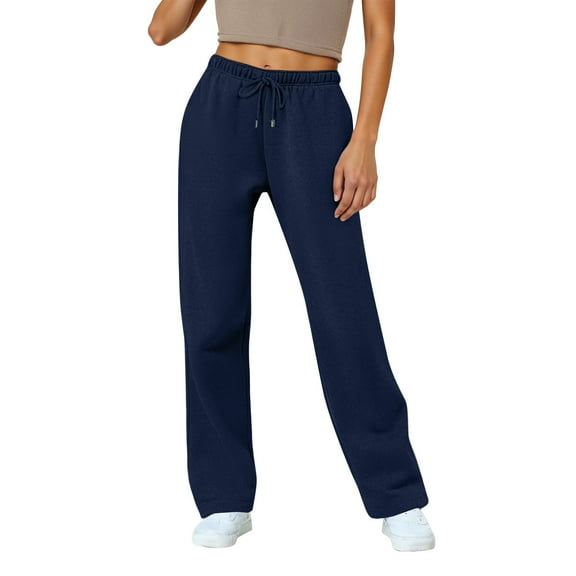 Womens Baggy Sweatpants Fleece Lined Low Rise Wide Leg Sweatpants Drawstring Cotton Lightweight Joggers with Pockets Navy XL