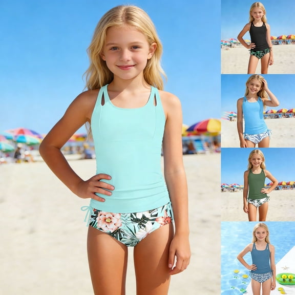 ibiyuan Tankini Swimsuits Girls 2 Piece Swimsuit Beach Sports Bathing Suit High Neck Racerback Padded Kids