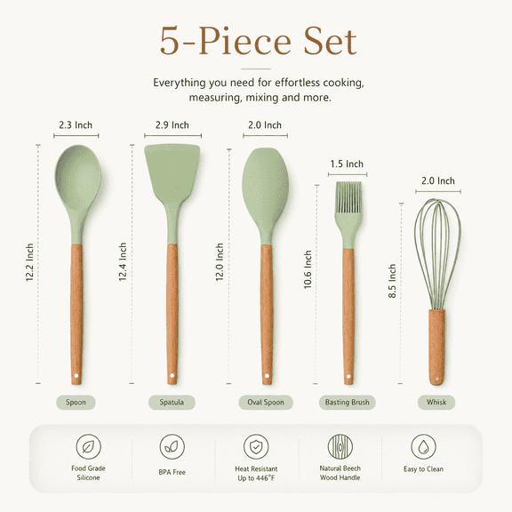 Silicon Kitchen Cooking Spoon and Spatula Dark Gray (Pack of 5 Piece)