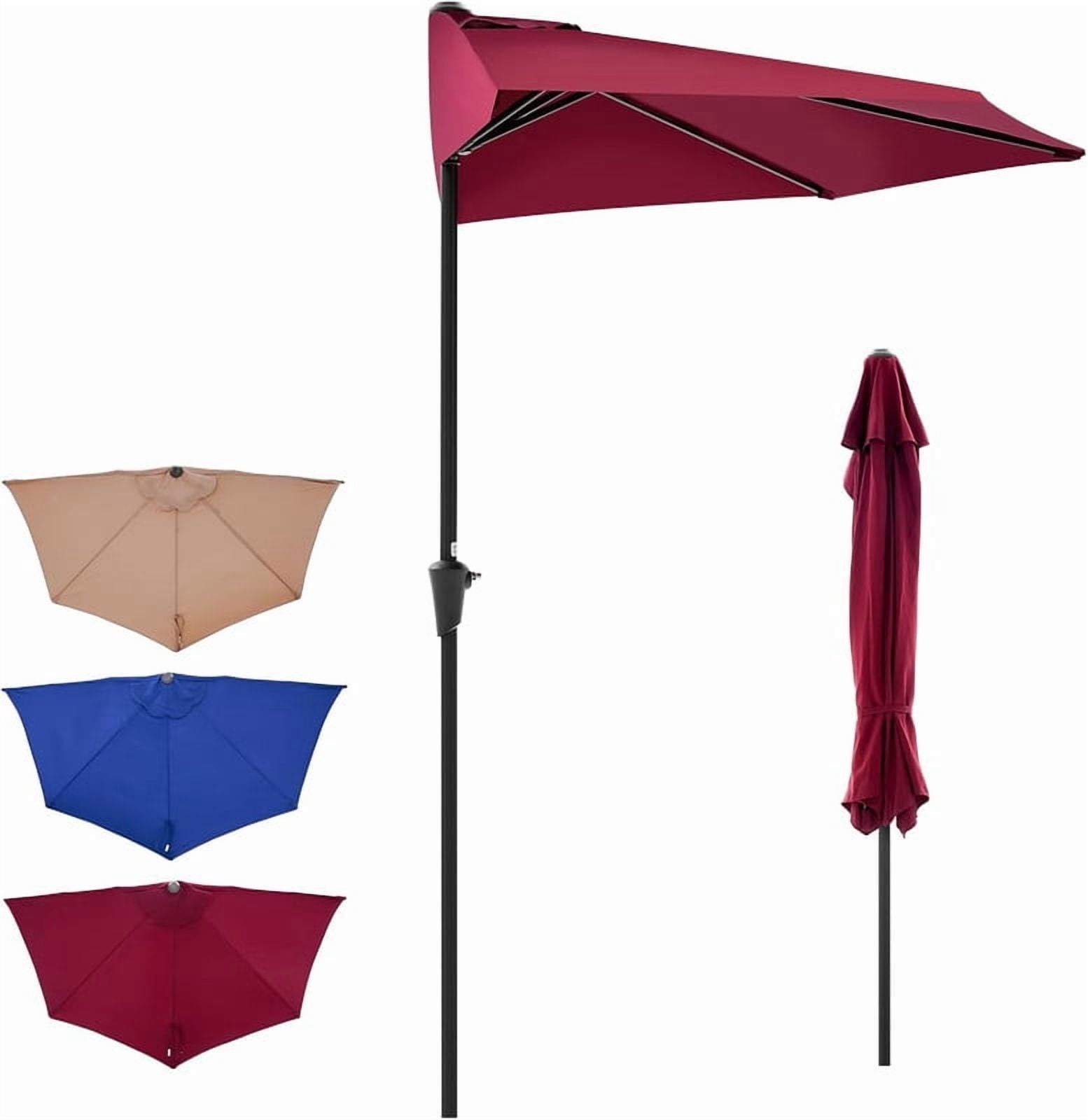 Simenmax 9 FT Half Umbrella Outdoor Patio, Scalloped Half Umbrella with Crank, Space-Saving Design for Poolside, Terrace,Red