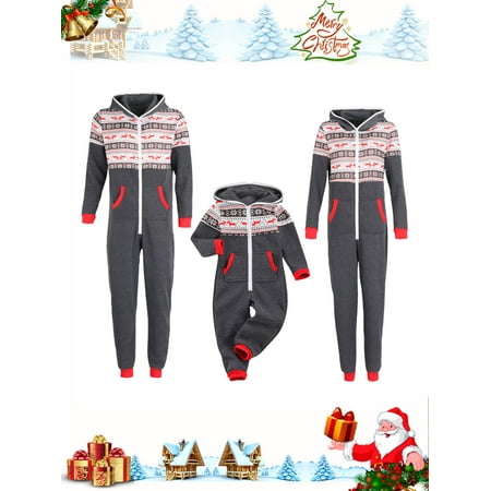 

Licupiee Family Matching Christmas Pajamas Set Snowflake Print Sleepwear Jumpsuit Hoodie with Hood Matching Holiday PJ s for Family Adult Kids