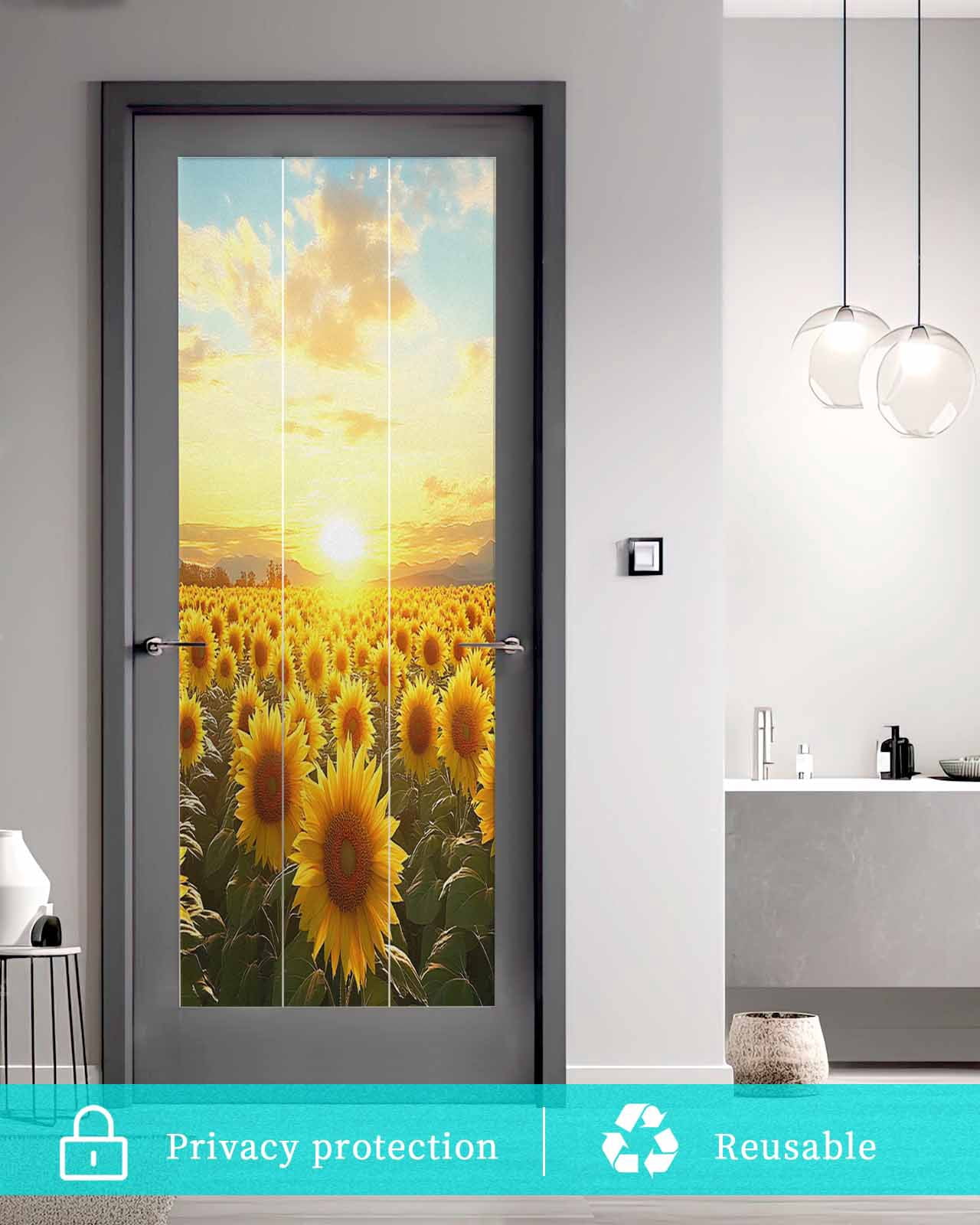 Window Privacy Film Sunflower Flowers Stained Glass Window Film Decorative Sun Block Window Cover Summer Watercolor Floral Field Window Clings Static Adhesive Sticker for Bathroom 23.6"x59"