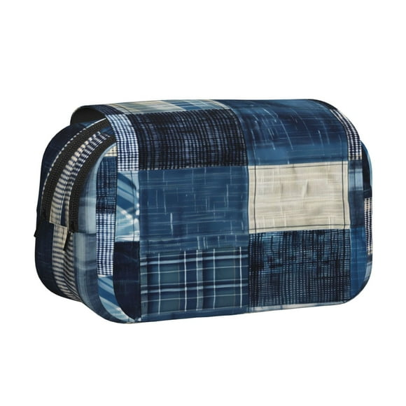 Disketp Indigo Patchwork Quilt Estuche de Lápices de Doble Capa con Tapa Abatible y Cremallera, Organizador Escolar para Adolescentes y Adultos