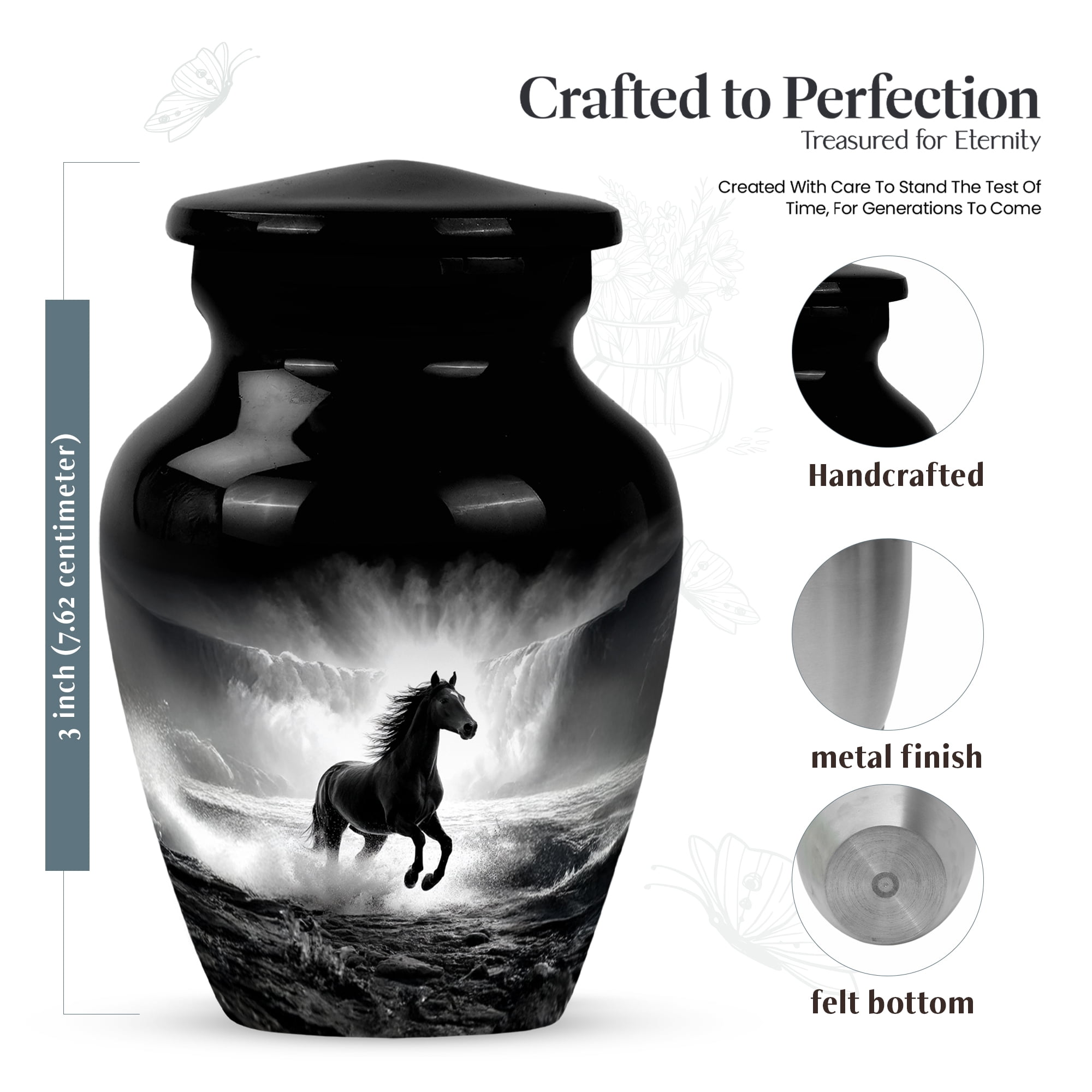 MUKTIVE Waterfall Tiny Cremation Urns for Adult Male, Mini Black Burial Urn for Ashes for Women, Keepsake Horse Memorial Decorative Funeral Ash Urns for Human, 3 Inch