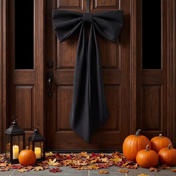 Large Black Satin Bow with Long Streamers, 120x36cm Oversized Polyester Decorative Bow for Halloween Wreath Front Door, Gothic Wedding Chair Gift Box Ornament, Reusable Spooky Party Home Decor Accent