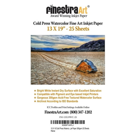 13" X 19" Cold Press Watercolor Fine Art Inkjet Paper - 25 Sheets