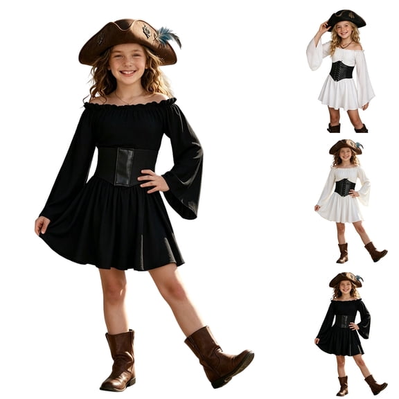 Zylarhe Girls Renaissance Medieval Dress Off Shoulder Pirate Ruffle Dress Halloween Outfit Black 13-14 Years