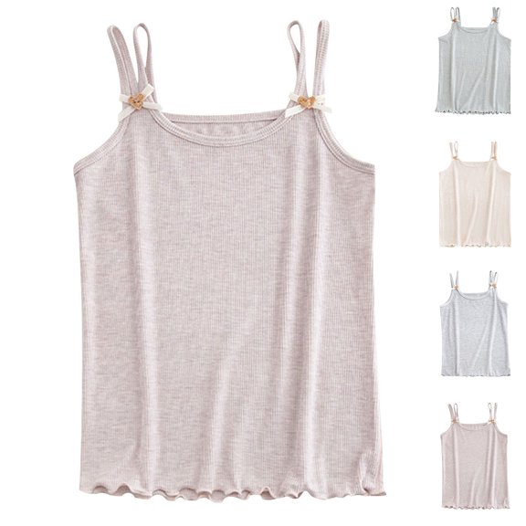 Fengqque Girls Cotton Ribbed Camisole Double Thin Straps Shoulder Bow Decoration Ruffled Hem Summer Top Pink 13-14 Years