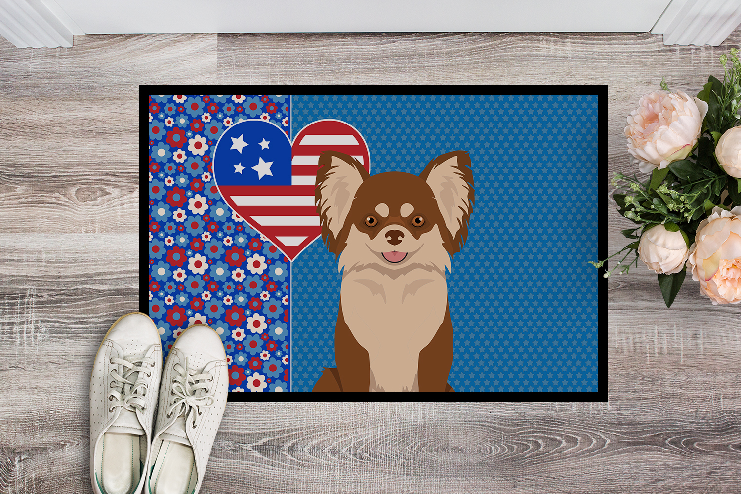 Longhaired Chocolate and White Chihuahua Indoor or Outdoor Mat 24x36 36 in x 24 in