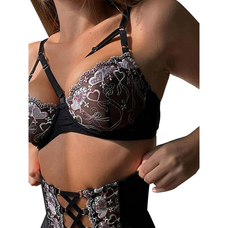 JustVH Women Adjustable Strap Sheer Lace Wire Free Bra Set Erotic