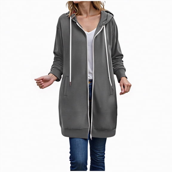 Towmus Women Full Zip Up Hoodie Plain Hoodies for Womens Casual Fleece Knee Length Tunic Sweatshirts Fall Winter Jackets Tops with Pockets