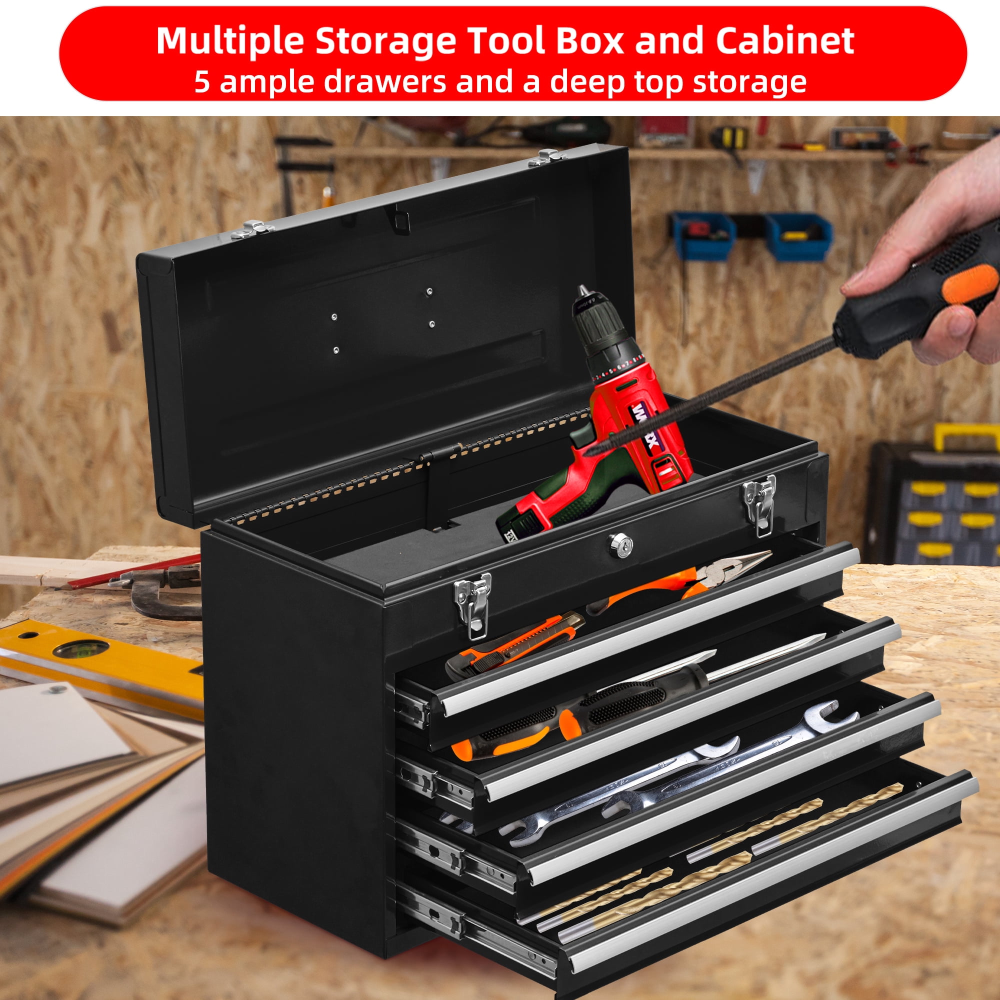 Aukfa Tool Box, 20 in Steel 4-Drawer Toolbox with Automatic Lock System for Garage, Black