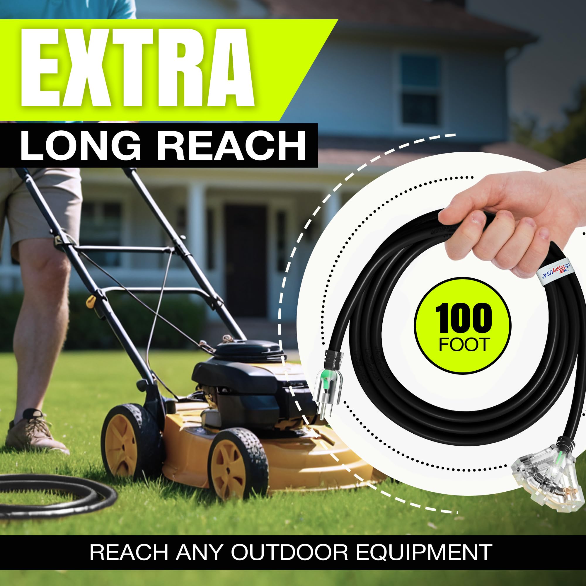 100ft Outdoor/Indoor Extension Cord 3-Outlet 12/3 Gauge Extra Heavy Duty ETL Listed, 3 Prong SJTW, Waterproof, Flexible Cold-Resistant Long Power Cord,125 Amp 1875W, Black by LifeSupplyUSA
