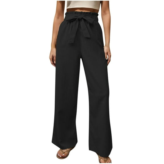 Lovskoo 2024 Wide Leg Pants Woman Solid Color Trendy Bow Tie Front Elastic Waist Dawstring Long Pants Black M