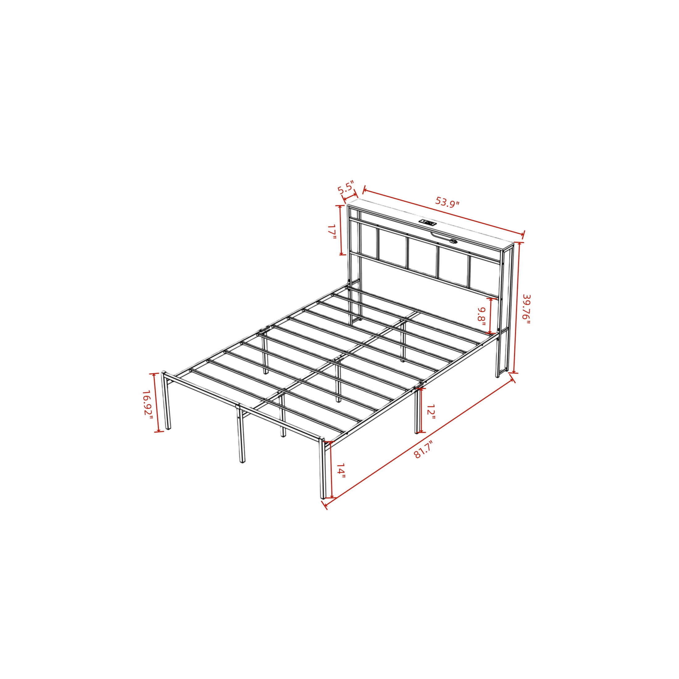 Noble House 14" Full Bed Frame with Storage Headboard and LED Lights, Metal Platform Bed with Charging Station, Black