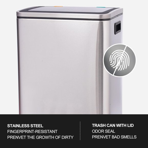 30 L Step Trash Can, 2 x 4 Gallon Dual Compartment Stainless Steel Garbage Can with Soft-Close Lid, Rectangle Rubbish Bin