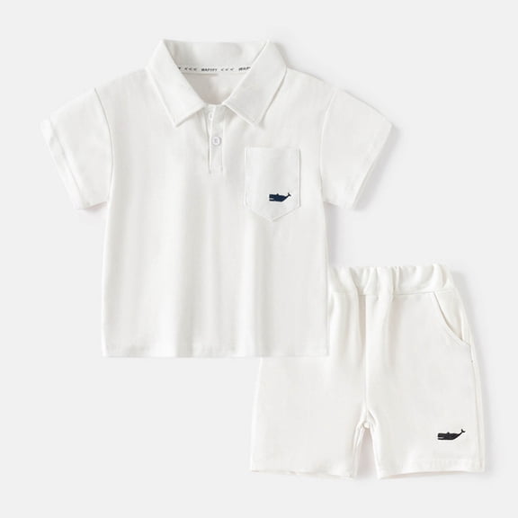 Amidoa Boys Summer 2 Piece Outfits Printed Cotton Cute Short Sleeve and Casual Short Kids Clothing Set White Size 6