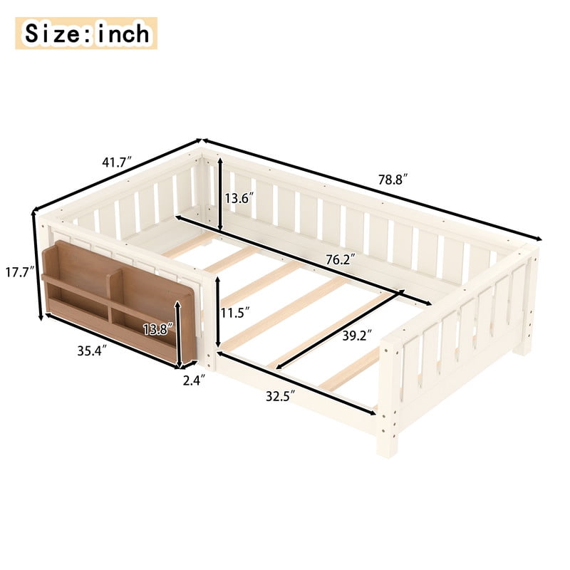 Bellemave Twin Size Floor Bed with Bookshelf, Wood Montessori Beds with Slats and Safety Guardrail, Low Profile Twin Bed Frame with Fence, No Box Spring Needed (Beige)