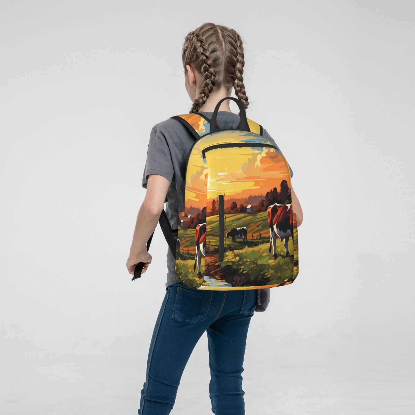 Xecao Oil Painting Style Pasture Cow print Backpack For women men Aesthetic Lightweight Travel Daypack Simple Cute Backpack For Bookbag