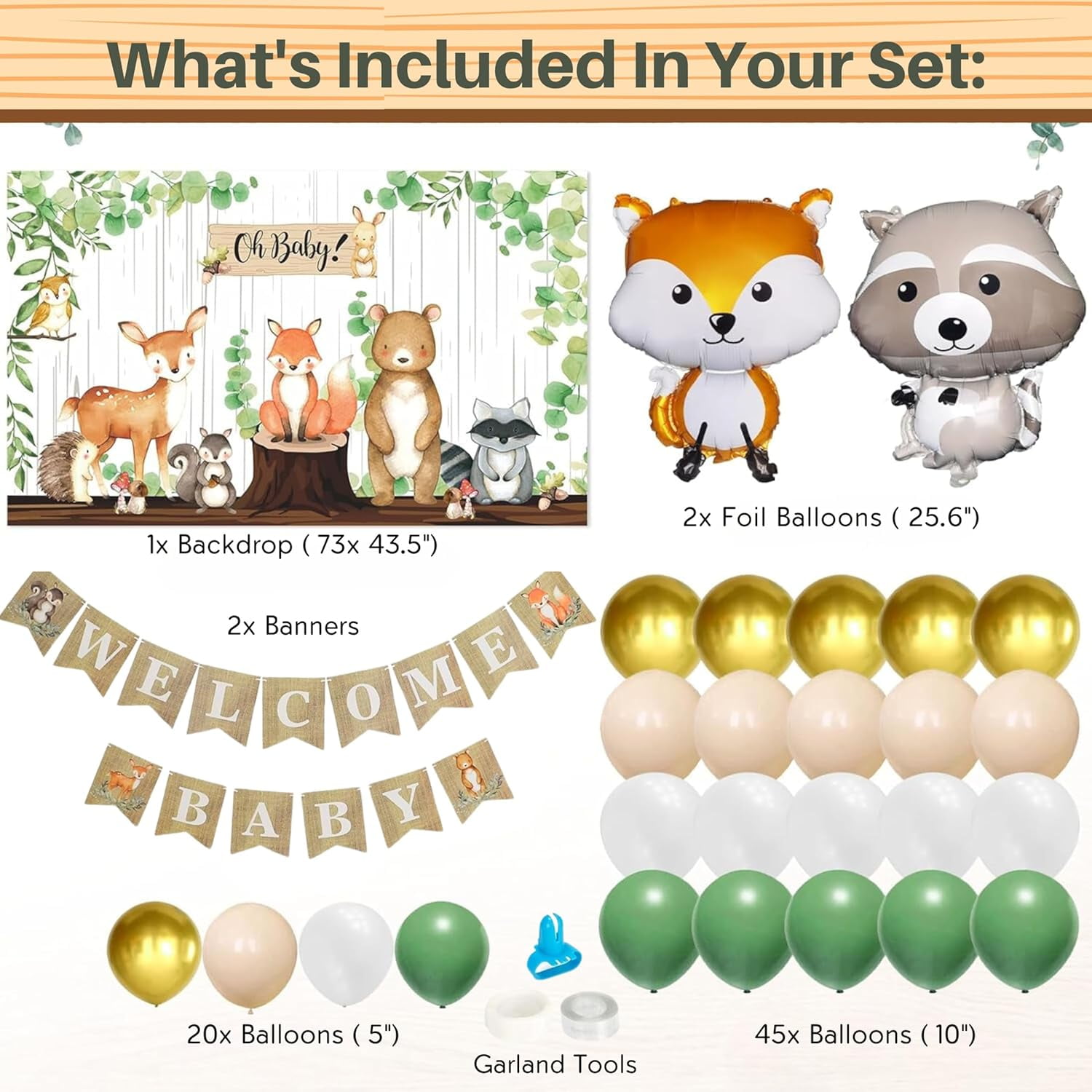 MEGA 257-Piece Woodland Baby Shower Decorations Kit for Boy & Girl, Gender Neutral Forest Animal Theme, Includes BABY Boxes, Banner, Backdrop, Balloon Garland, Tableware for 20 Guests