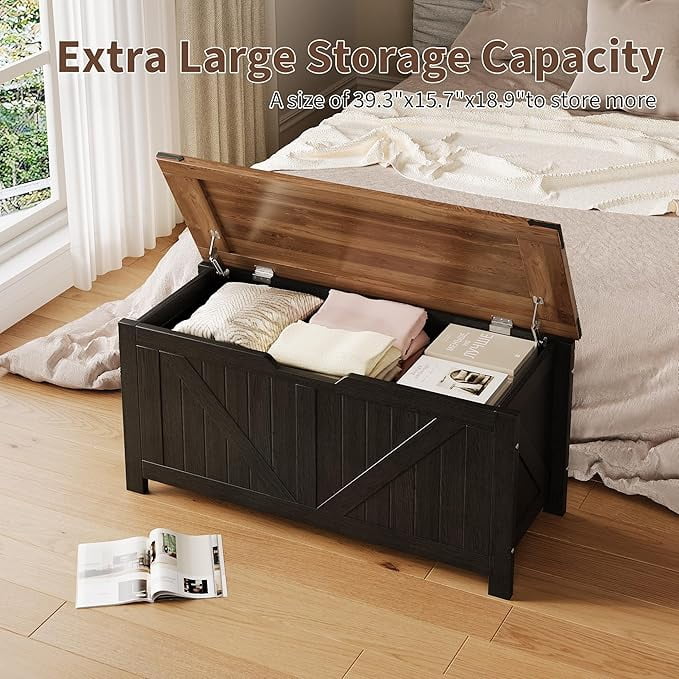 SOLLED 39.4" Retro Wooden Storage Bench & Chest, Lift-Top Trunk with Safety Hinges, Multifunctional Entryway Organizer & Toy Chest, Vintage Style for Living Room,White