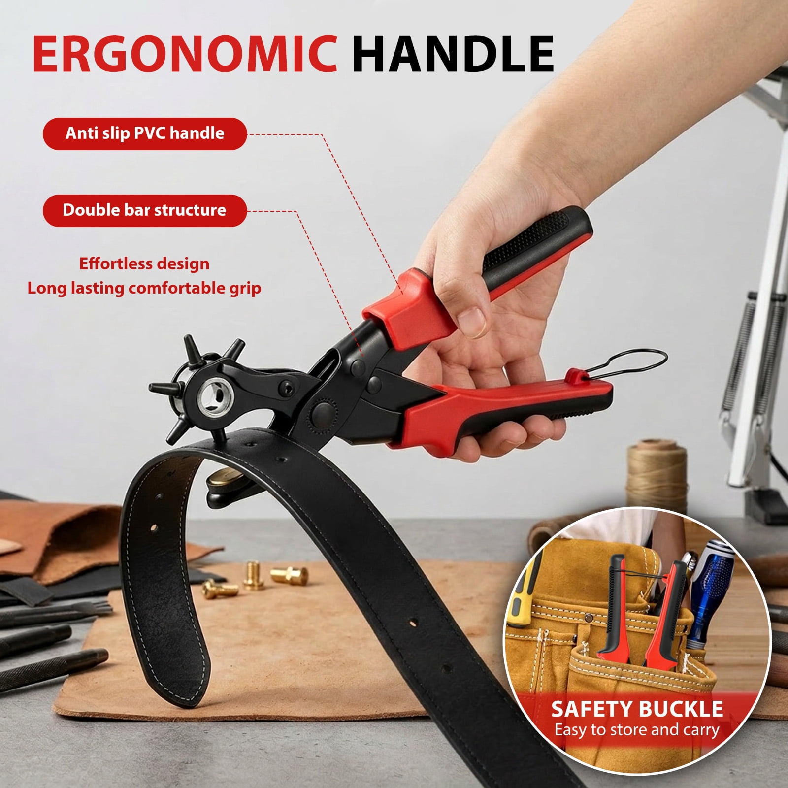 Leather Hole Punch Set Punch Pliers with PVC Handle and Effort Saving Design Ideal for Belt Plastic Rubber Canvas DIY Leather Work,Red