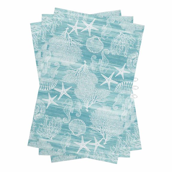 Turquoise Coastal Kitchen Towels Set of 3, Water Absorbent Dish Towel, Nautical Coral Starfish Shell Seahorse Ocean Decorative Hand Towels - Quick Drying Cloth for Cooking Baking, 18x28 Inch