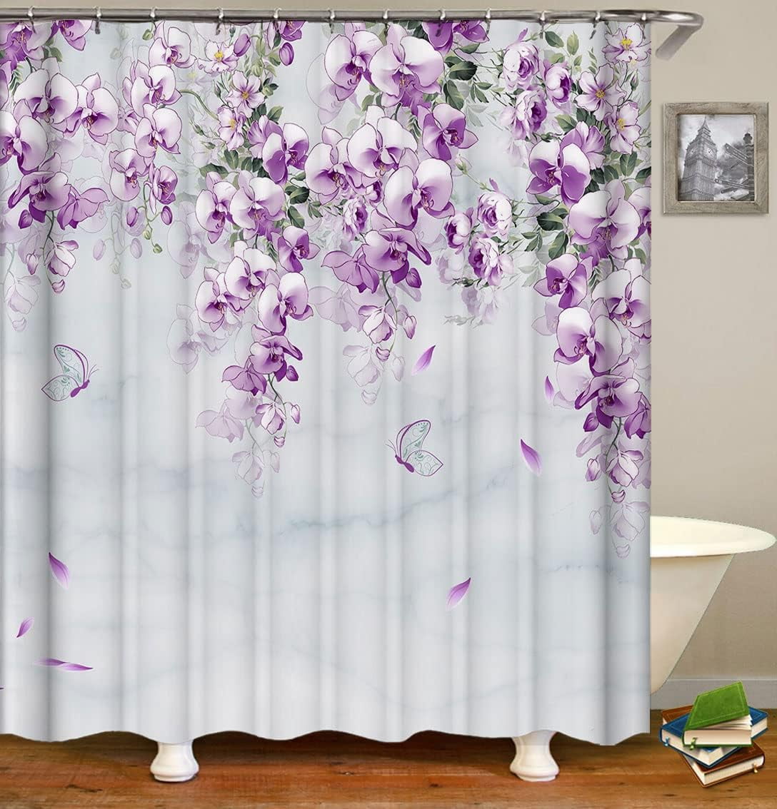 SPXUBZ Shower Curtains, Purple Flower Vine Shower Curtain, Marble White