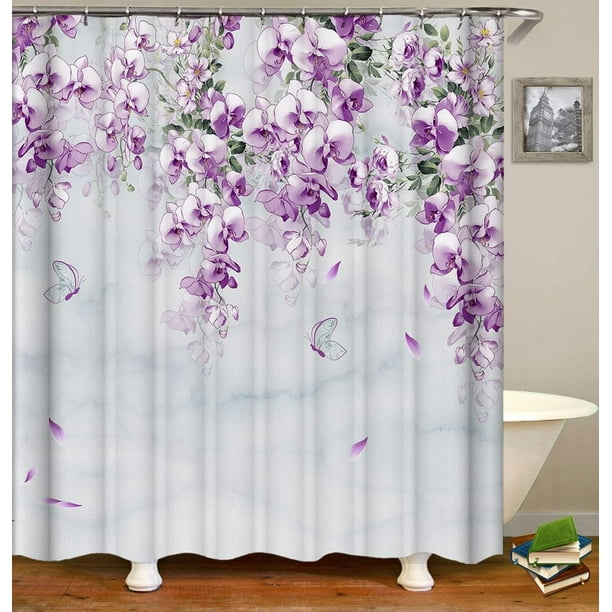 SPXUBZ Shower Curtains, Purple Flower Vine Shower Curtain, Marble White ...