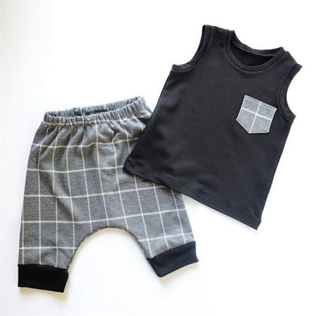 Newborn Kid Baby Boy Plaid Clothes Vest Tops T-Shirt Short Pants Summer Casual Outfit Set 0-6