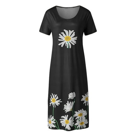 

Inkach Womens Flower Print O-Neck Casual Short Sleeve Ladies Loose Long Slip Dress