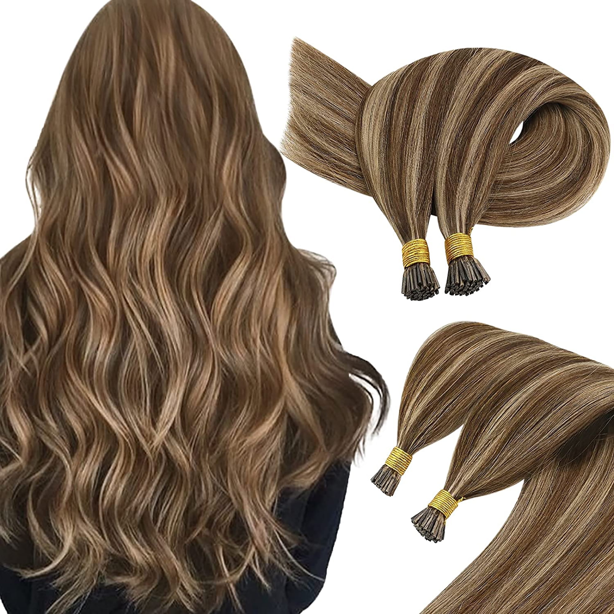 Sunny I Tip Keratin Hair Extensions Medium Brown and Caramel Blonde  Highlights 24 inch Real Remy Straight Hair 50g 