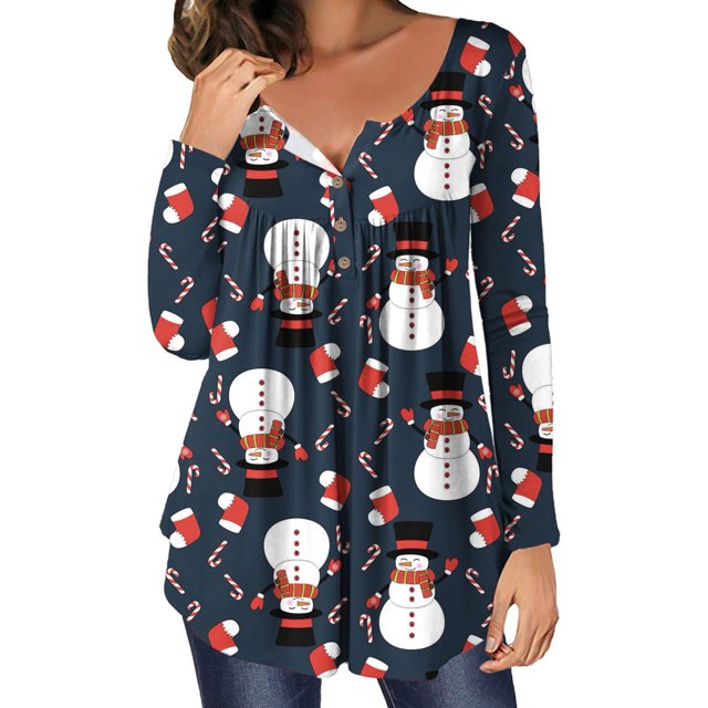 Hauts pour Femmes Décontractés Chics Hauts Décontractés Amples à Col Rond avec Boutons Manches Longues Imprimé de Noël Blouses d'Été pour Femmes en Liquidation