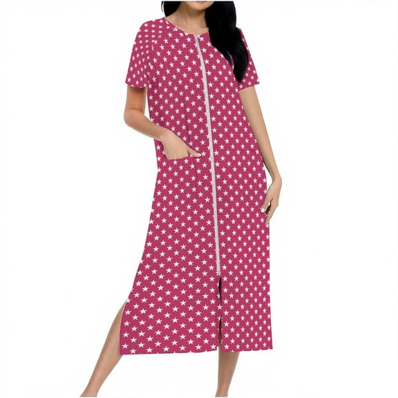 Women Zipper Robes Bathrobe Star Lightweight House Coat with Pocket Soft Nightgown Short Sleeve Nightdress