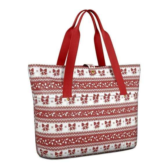Tote Bag for Women - Red Christmas Knitted Pattern Shoulder Bag - Large Utility Work Duffle Bag with Zipper Handbag for Travel, Work, Sprots